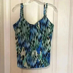 EUC Sunsets multi color abstract tankini modest swim top Sz 38D blue green black